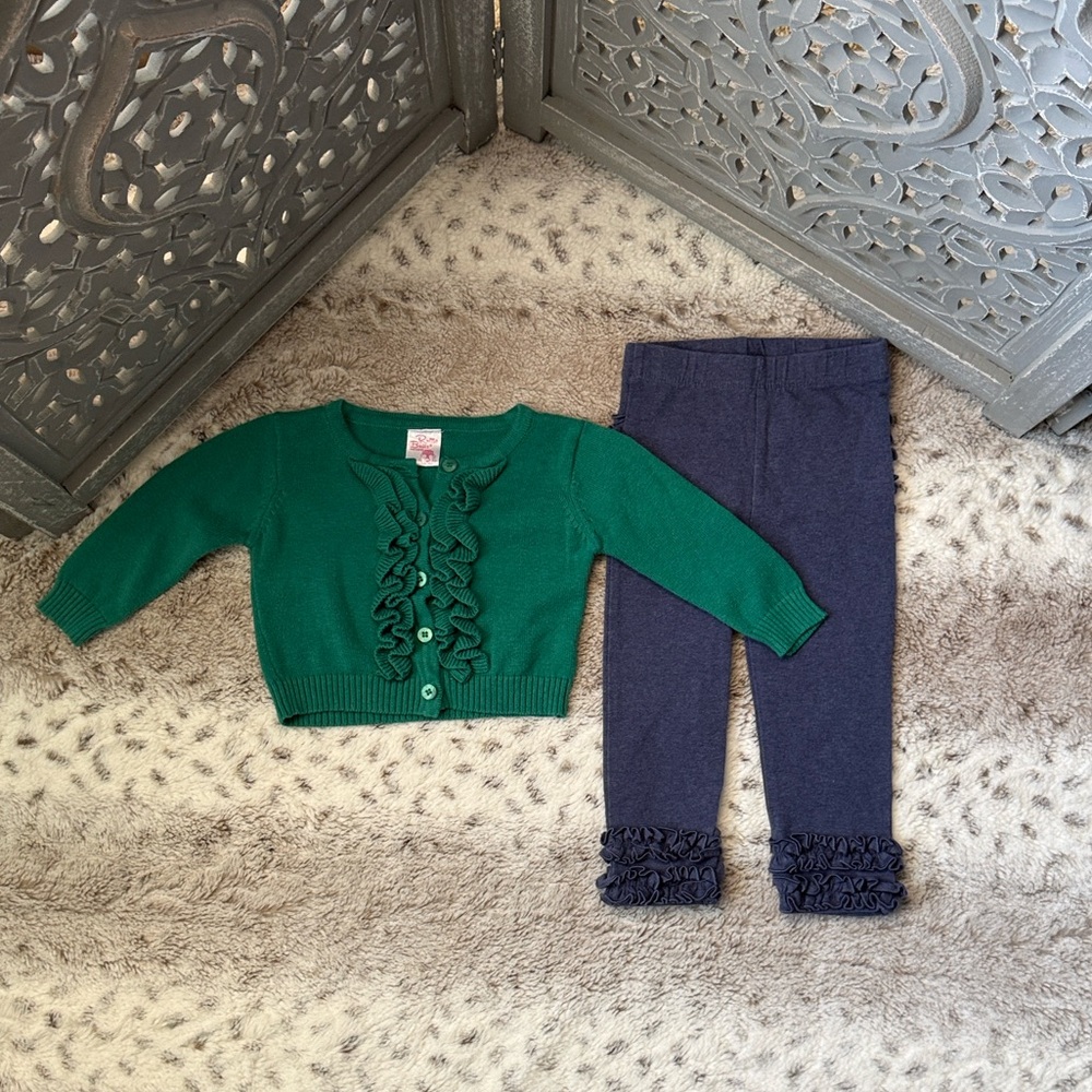 RuffleButts sweater pants set baby girls 12 months button up cardigan preppy
